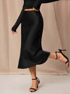 Women'S Satin Skirt, High-Waist Mid-Length Women'S Skirt, French Retro Satin Dress, Spring Summer Light Luxury Long Skirt, Commute Date Temperament Dress, Elegant Temperament Women'S Long Skirt - Black