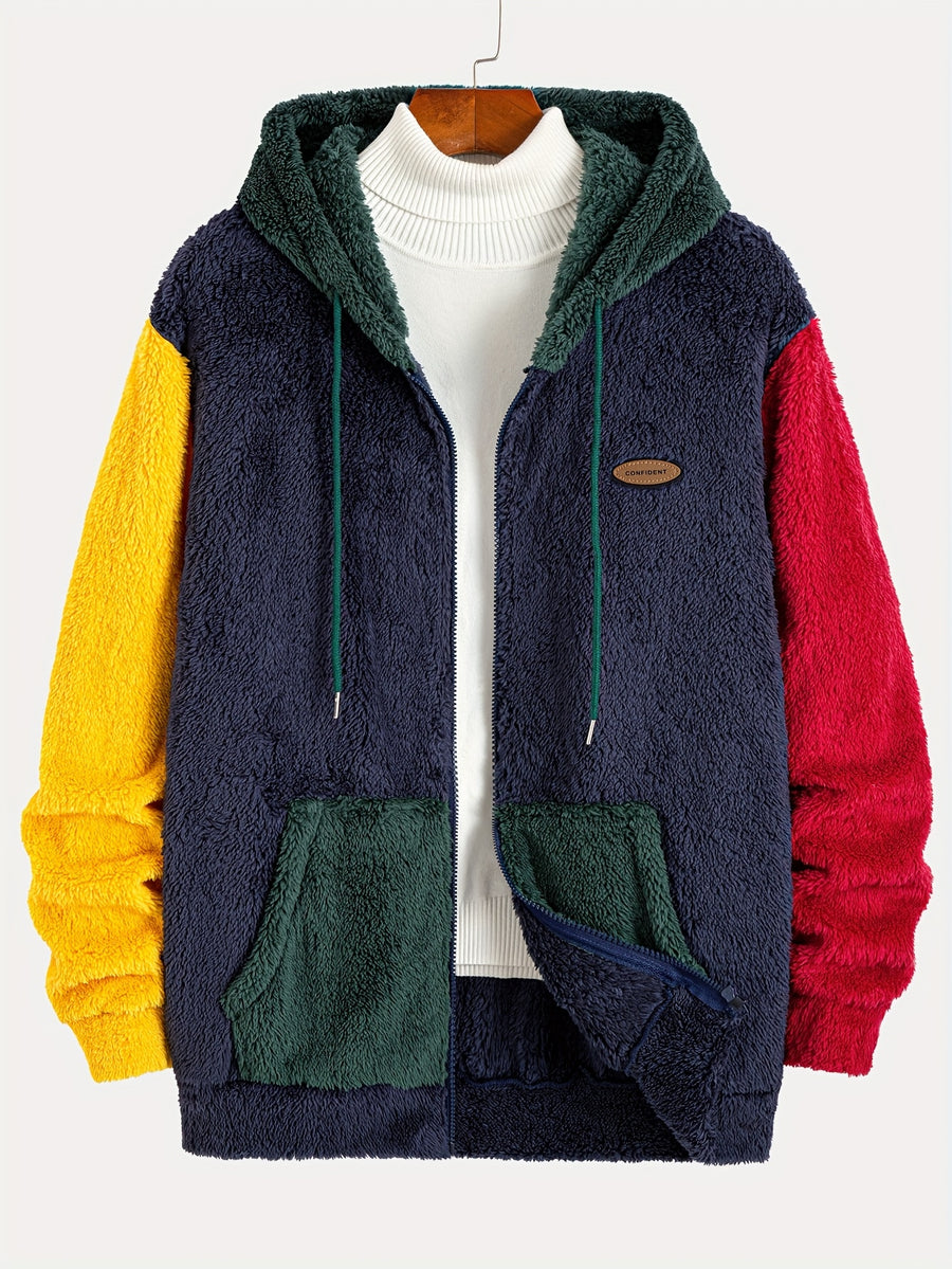 Men's Colorful Plush Hooded Zip-Up Sweatshirt Jacket with Contrast Patch Embroidery, Warm and Thickened for Autumn/Winter - Dark Green