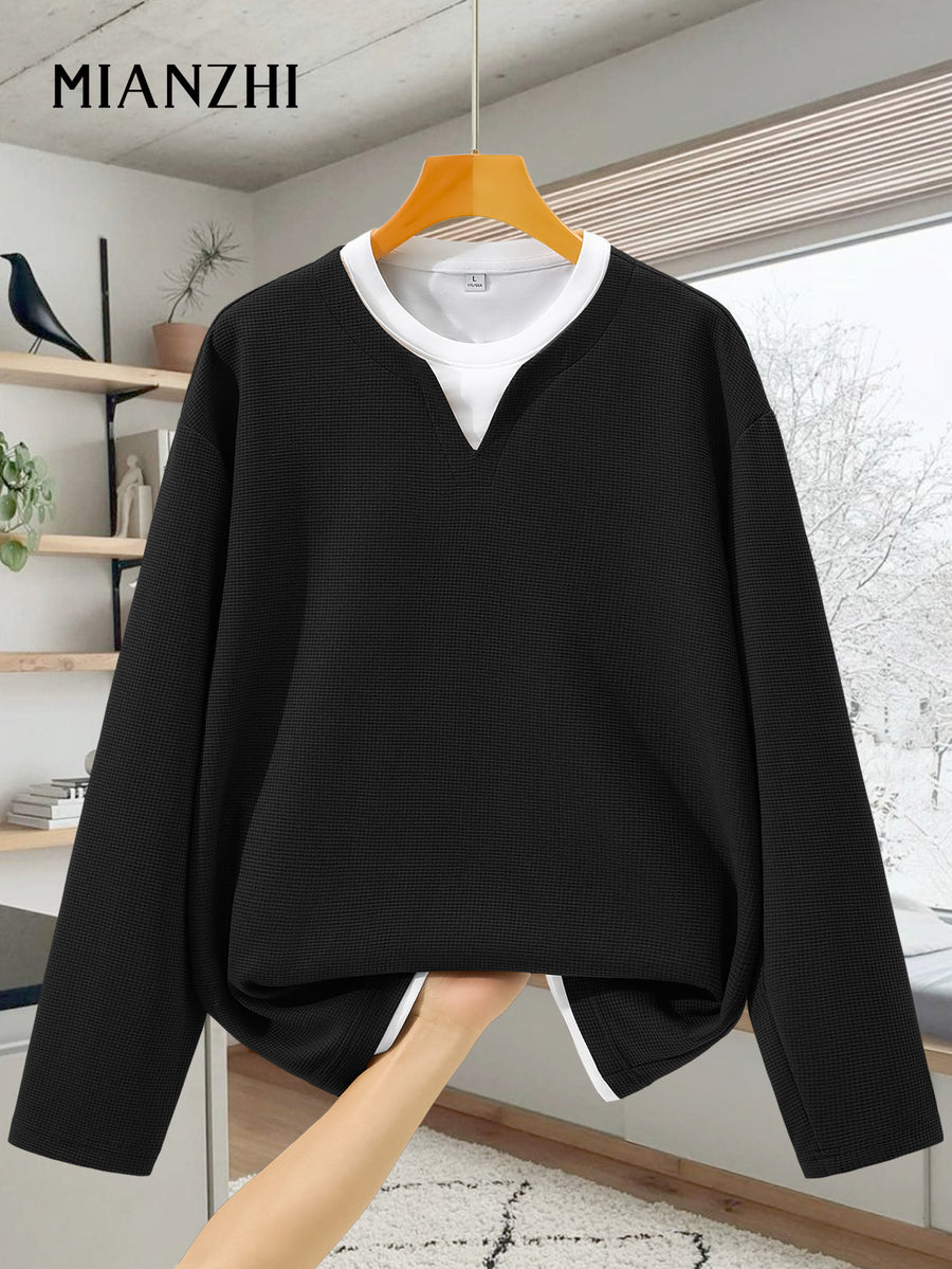 Men's Long-Sleeve T-Shirt, New Spring/Autumn Waffle Knit Fabric Top, 2-in-1 Look Design, Crew Neck Solid Color Base Layer Shirt - Black