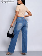 Women's Ombre Light Blue High-Waist Wide-Leg Jeans, Stretchy Vertical Loose Straight-Leg Trousers, Versatile Pants for Leg Shaping, Commuting, Casual Outings, and Travel - Light Blue