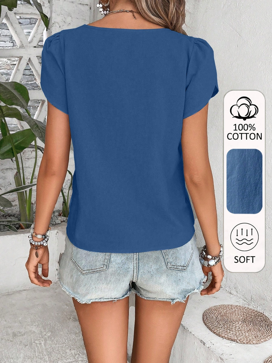 100% Pure Women'S Vacation Casual Short-Sleeve Shirt, Comfortable And Soft Fabric, Non-Sweaty, Flower Bud Sleeve Design with Gentle Girlish Feel, Suitable for Home Office, Commuting, Seaside, Beach, Travel Wear - Navy Color