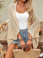 Elegant Spring and Summer Women's Cape Style Hollow Cardigan, Women's Vacation Beach Cardigan, Breathable Sweater Cover-Up - Apricot