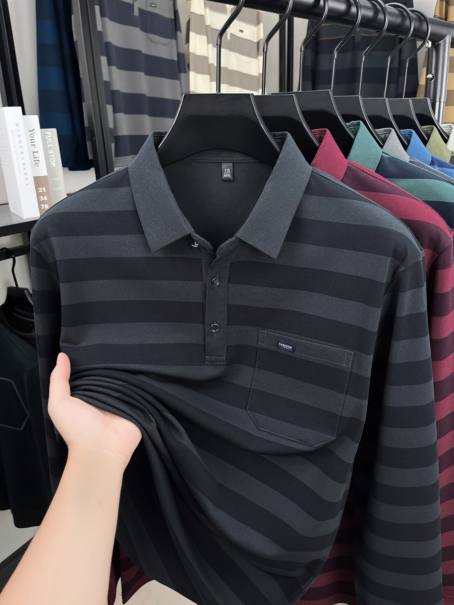 Minimalist Urban Striped Long-Sleeve Polo Shirt for Portable Daily Commuting - Ash