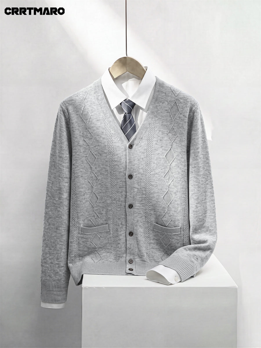 Men'S Jacquard, Solid Color, Button-Front Knit Cardigan, Warm Casual Layering Top for Fall And Winter - Light Grey