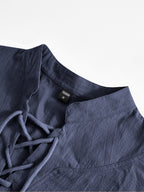 Men's Retro Linen Henley Shirt - Adjustable -Neck Collar & Drawstring Neckline, Lightweight Breathable Suitable for Beach Vacations, Resort Travel, Outdoor Leisure, Casual Pullover Top with Hem, Machine Washable Loose Fit - Navy Color