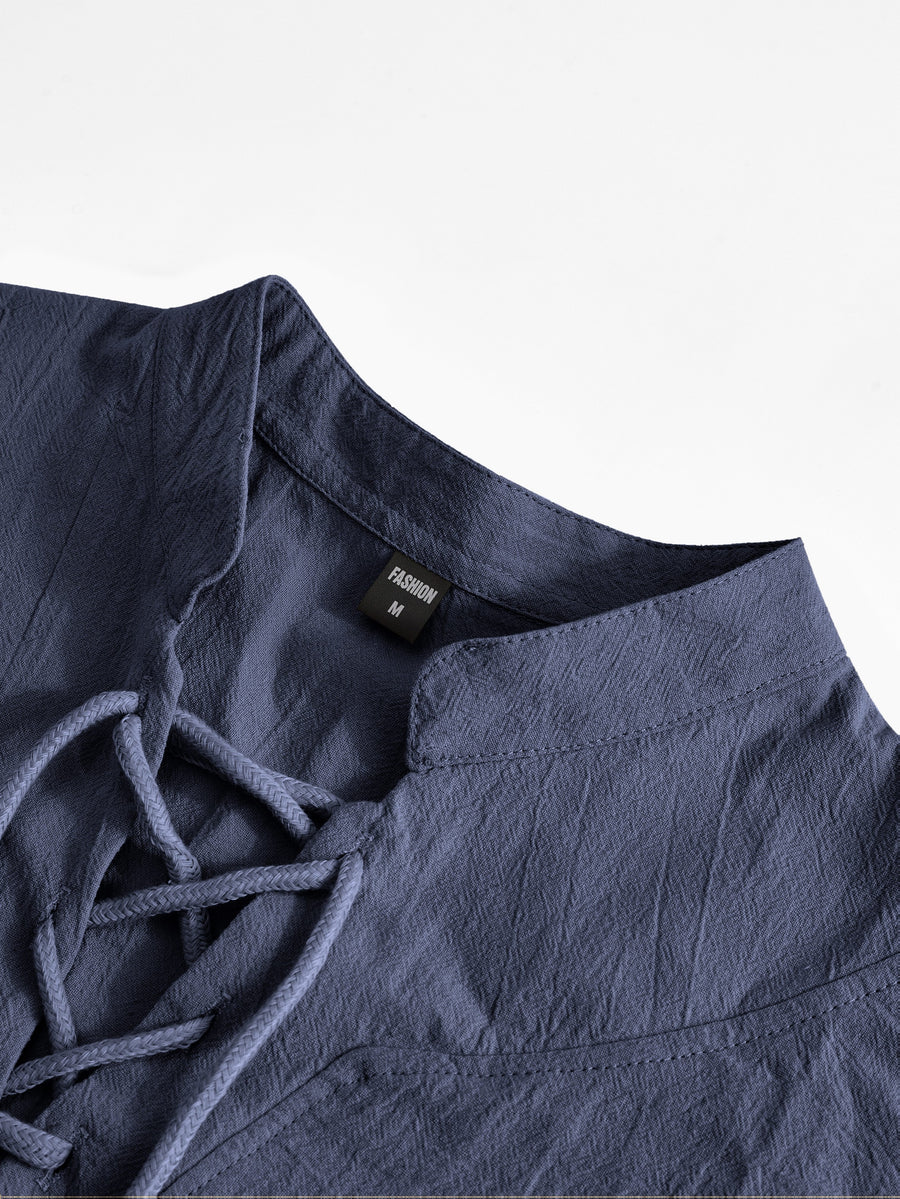 Men's Retro Linen Henley Shirt - Adjustable -Neck Collar & Drawstring Neckline, Lightweight Breathable Suitable for Beach Vacations, Resort Travel, Outdoor Leisure, Casual Pullover Top with Hem, Machine Washable Loose Fit - Navy Color