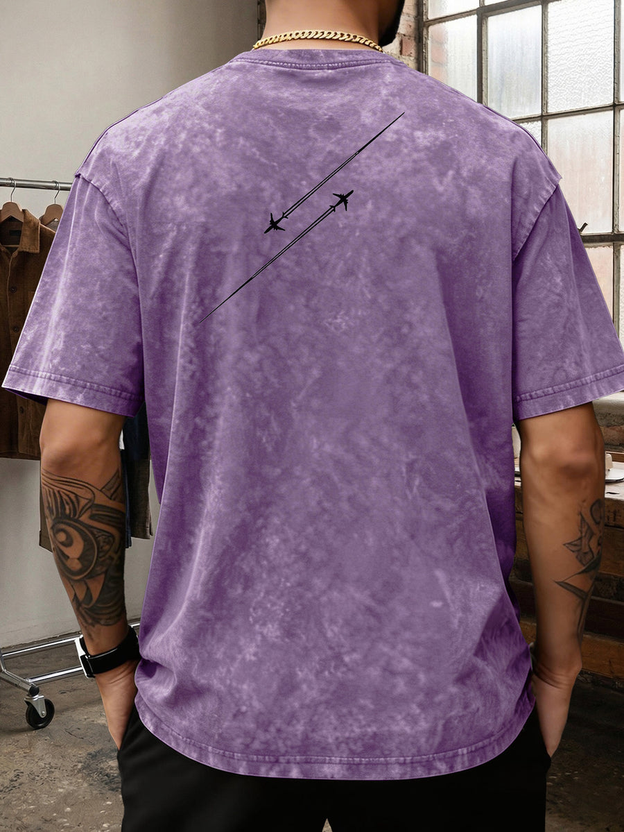 Men'S Heavyweight Washed T-Shirt Minimalist Airplane Line Art Print High Street Vintage Distressed Tee 2026 Summer Casual Urban Wear - Purple