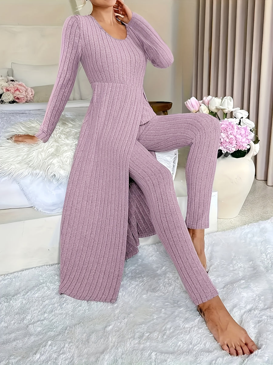 Autumn-Winter Casual Robe and Long Pants Set, High Slit Dress Set, Hair Needle Material, Suitable for Daily Wear, Home Casual Wear - Violet
