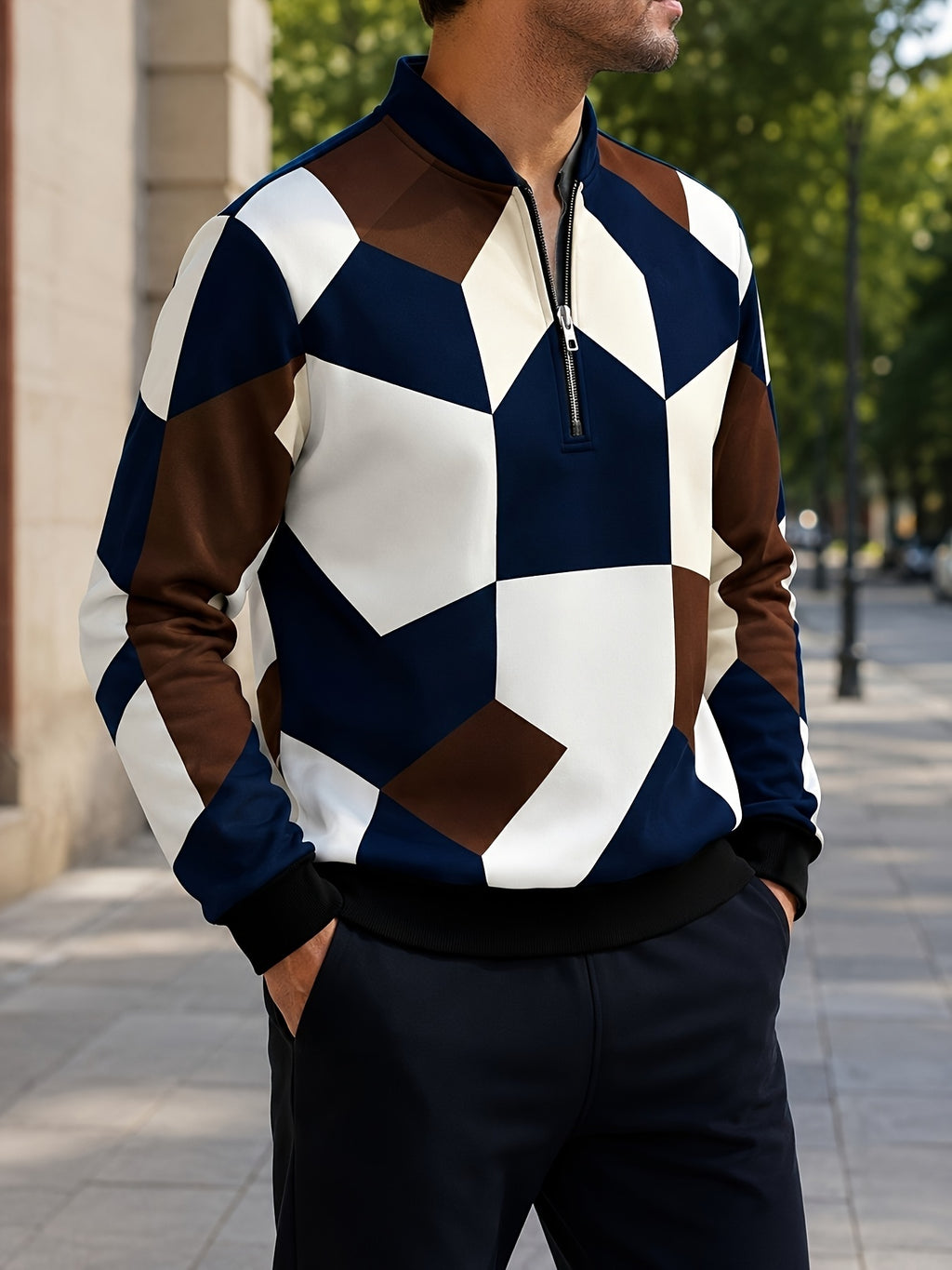 Men'S Autumn Winter Polo Zipper Sweatshirt, Men'S Retro Geometric Color-Block Digital Print Half-Zip Stand Collar Sweatshirt, Loose Casual Top, High Quality And Durable, Machine Washable, Daily Commute And Outdoor Wear - Mixed colors
