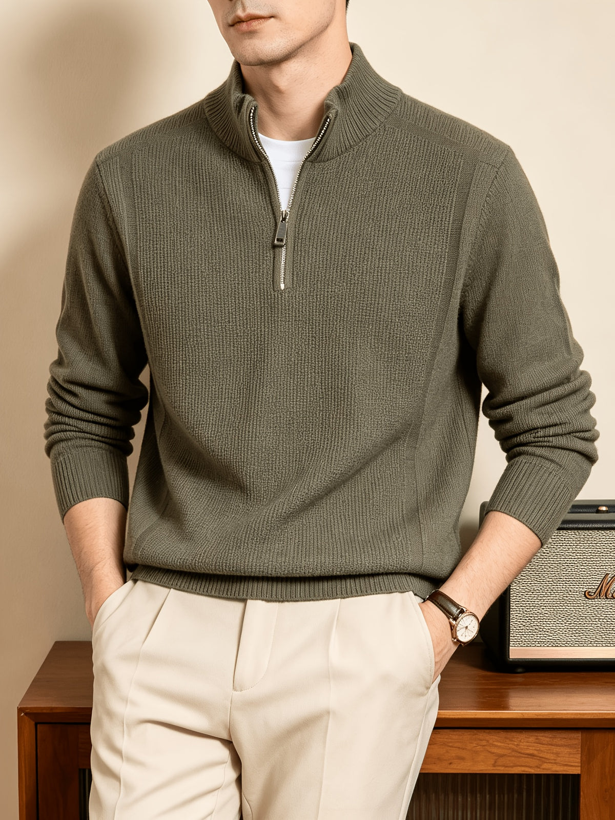 Du Jing Lan OBM Spring/Autumn New Arrival Men's Knitted Pullover, Old Money Style Solid Color Half-Open Placket Stand Collar Long Sleeve Knitted Pullover, Men's Business Casual Fashion Ribbed Sweater, Suitable for Layering or Wearing as an Inner - Olive