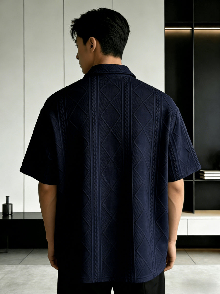 Men'S Summer New Premium Loose Short Sleeve Half-Zip Collar Polo Shirt Jacquard Short Sleeve T-Shirt - Navy Color