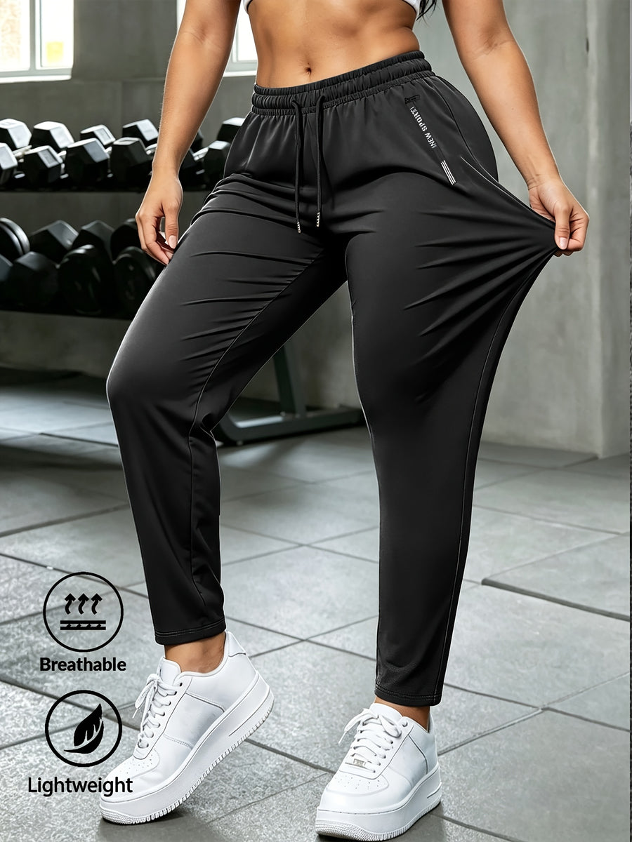 Plus Size, Women's Lightweight, High-stretch, Slim-fit Trousers with an Elastic Waistband and Adjustable Drawstring, Featuring a Zippered Storage Pocket—breathable Pants, Suitable for Outdoor S,, and Daily Leisure, Ideal for Spring - Black