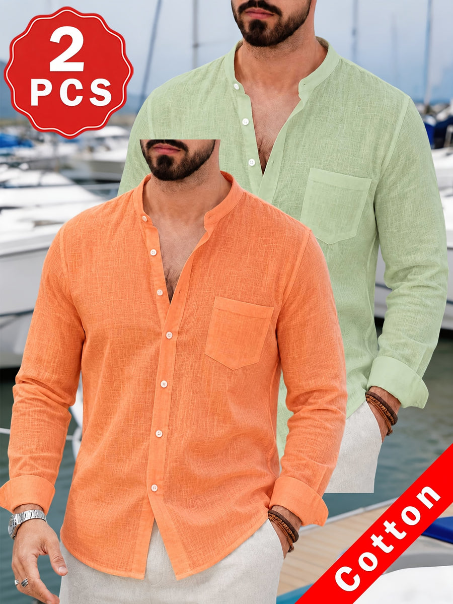 Pc of 2 Mens Plain Long Sleeve Button Shirts with Mandarin Collar & Distinct Chest Pocket, Lightweight Airy Sweat-Wicking Casual Tops, Versatile for Office Work, Holidays, Daily Outings & Home Regular Fit Spring Summer Office Work Holiday - Orange+Light Green