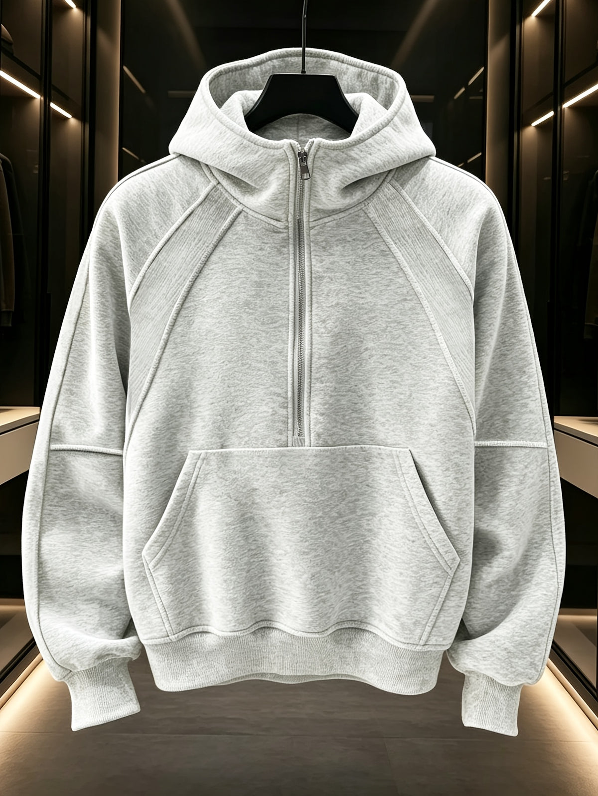 Men's Heavyweight Deconstructed Half-Zip Cropped Sweatshirt, Spring/Autumn Hoodie, Stylish Premium Pullover Jacket for Men - White Gray