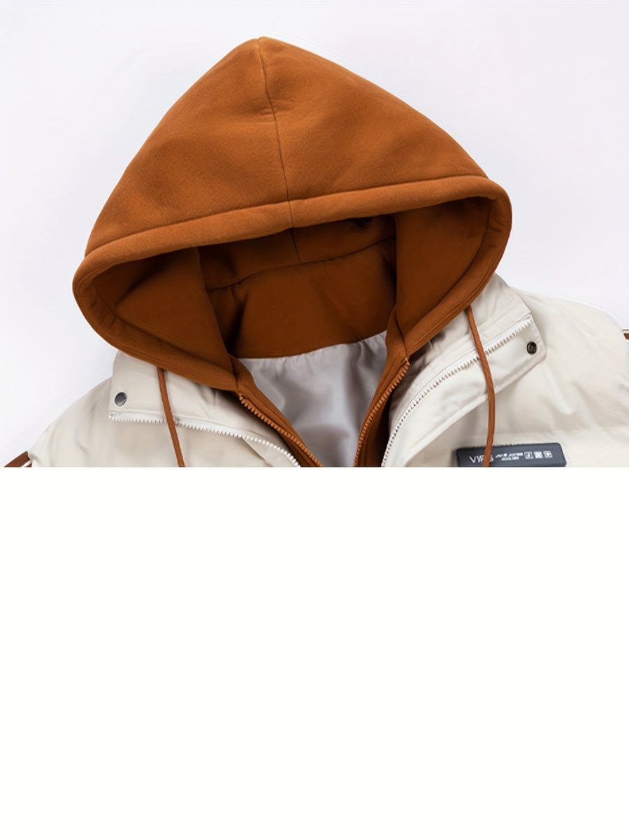 Men'S Autumn Winter New Faux Two-Piece Thickened Hooded Zip-Up Jacket Casual Fashion Outdoor Sports Trendy Coat - Khaki