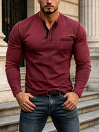 New Quick-Dry Fabric Henley Collar Long Sleeve Men'S Color-Block Lines Chest Pocket Casual Commute Running Fitness Long Sleeve Shirt - Burgundy