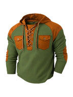 [Starry OBM] Men'S Spring/Summer New Fashion Textured Drawstring Hooded Polo Shirt, Men'S Hooded Pullover, Shoulder Panel Design Top, Multifunctional Pocket Design Jacket, Retro Versatile Trendy Fashion Sweatshirt, Men'S Casual Wear, Holiday Gift - Olive Green