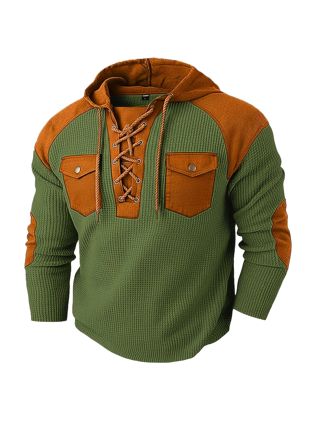 [Starry OBM] Men'S Spring/Summer New Fashion Textured Drawstring Hooded Polo Shirt, Men'S Hooded Pullover, Shoulder Panel Design Top, Multifunctional Pocket Design Jacket, Retro Versatile Trendy Fashion Sweatshirt, Men'S Casual Wear, Holiday Gift - Olive Green