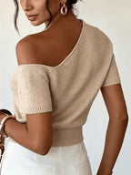 Women'S New Spring Summer Off-Shoulder Short Sleeve Basic Solid Color Casual Elegant Women'S Top - Dark Apricot