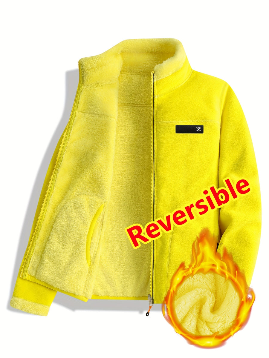 Women's Spring Casual Jacket, Thickened Shaggy Warm Printed Reversible Coral Sweatshirt, Double-Sided Outerwear - Yellow