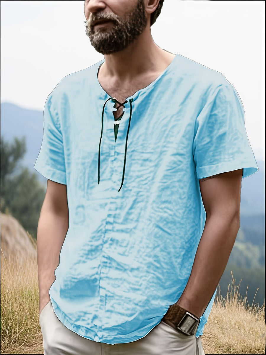 Men's Casual T-Shirt, Versatile Summer Short-Sleeve Top, Fashionable Solid Color Sweatshirt, Crew Neck with Drawstring Design - Lightweight and Breathable, Machine Washable, Suitable for Daily Wear and Outdoor Leisure - Sky Blue