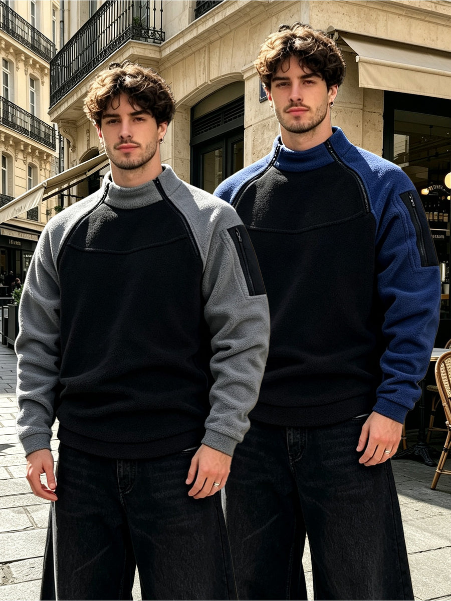 2pcs Men's Double-zip Stand-collar Fleece Sweatshirt Set, with a Color-block Stylish Design, Suitable for Sports, Workouts, Fishing, and City Commuting - Black Blue + Black Gray