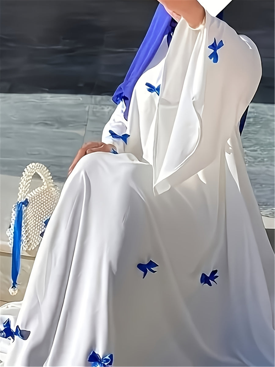 Middle Eastern Arabic Robe, Bow Long Dress, Loose, Women's Kaftan, Gown, Dress, Fashionable and Elegant, Alba Dress - Blue Bow