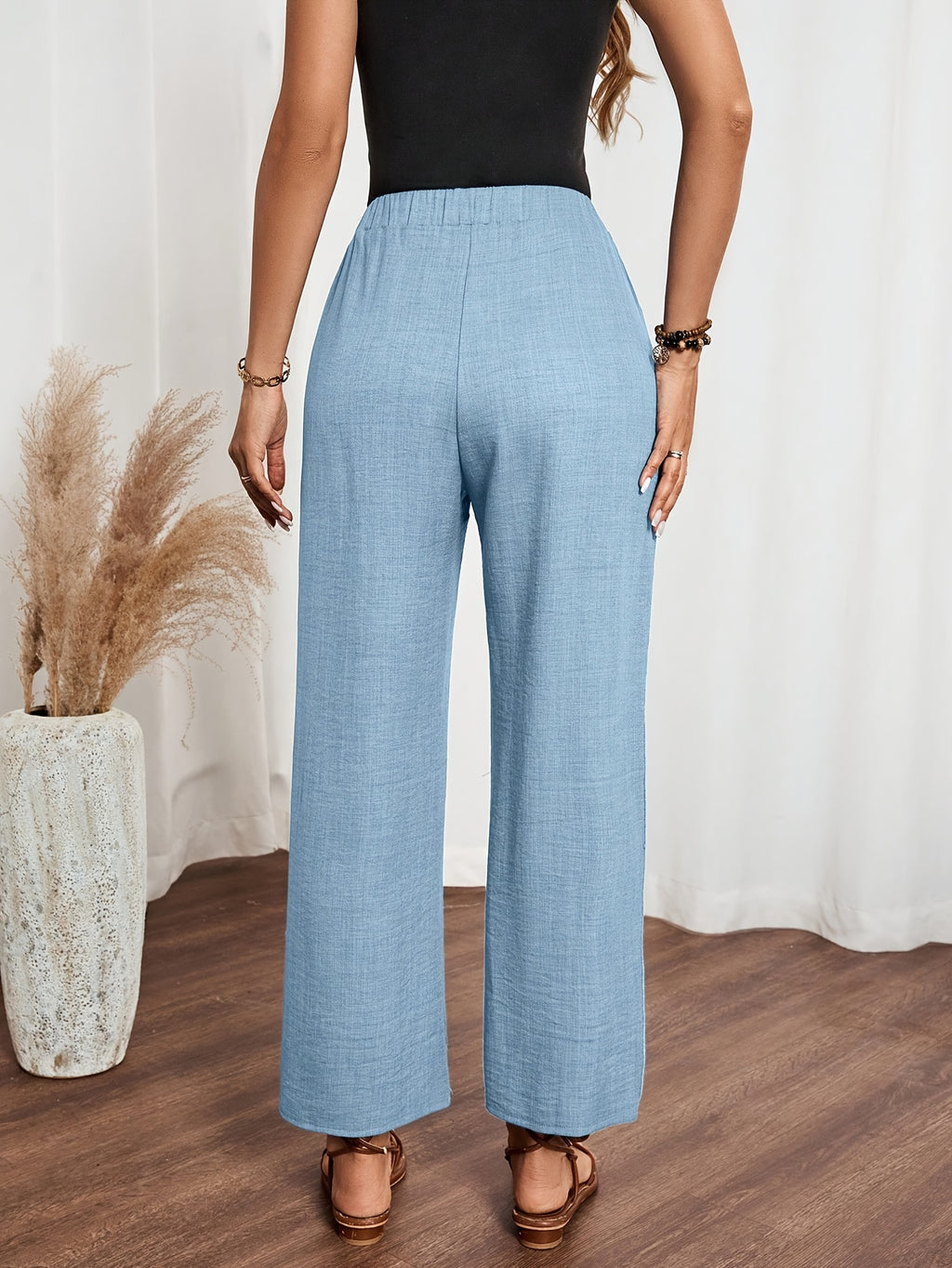 Women'S Solid Color Long Pants, Side Seam Lace Trim, Casual Wear, Loose Trousers - Light Blue