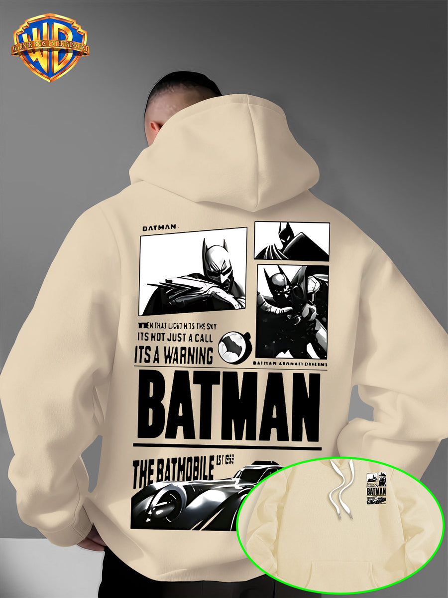 Warner Bros. Authorized American Dark Superhero Retro Batman Comic Poster Print Hooded Sweatshirt, with Adjustable Drawstring, Comfortable And Warm, Fashionable And Versatile Men'S Casual Sweatshirt, Suitable for Autumn And Winter Wear - Apricot