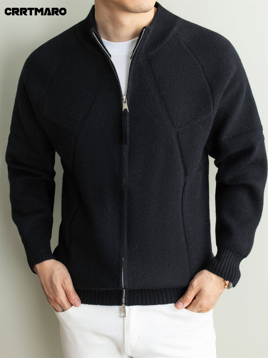 Men's Heavyweight Thick Zip Neck Stand Collar Knit Cardigan, Warm Casual Layering Top for Fall and Winter - Black