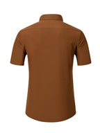 Men's Short-sleeve Shirt with Stand-up Collar/Henley Collar Design, Featuring Exquisite Peak-shaped Embroidery on the Chest - Coffee Color