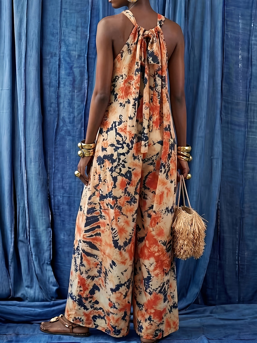 Women'S Tie-Dye Printed Wide Strap Sleeveless Jumpsuit, Back Neck Tie Wide-Leg Pants for Vacation - Mixed colors