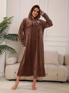 Jalabiya 2026 Autumn/Winter New Arrival Women's Festive Party Dress, Vacation Outfit, Exotic Style Apparel - Elegant Plaid and Striped Hooded Long Dress with Long Cuffed Ribbed Sleeves, Zipper Pullover, and Pockets - Loess Ochre