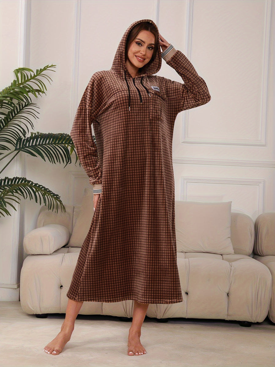 Jalabiya 2026 Autumn/Winter New Arrival Women's Festive Party Dress, Vacation Outfit, Exotic Style Apparel - Elegant Plaid and Striped Hooded Long Dress with Long Cuffed Ribbed Sleeves, Zipper Pullover, and Pockets - Loess Ochre