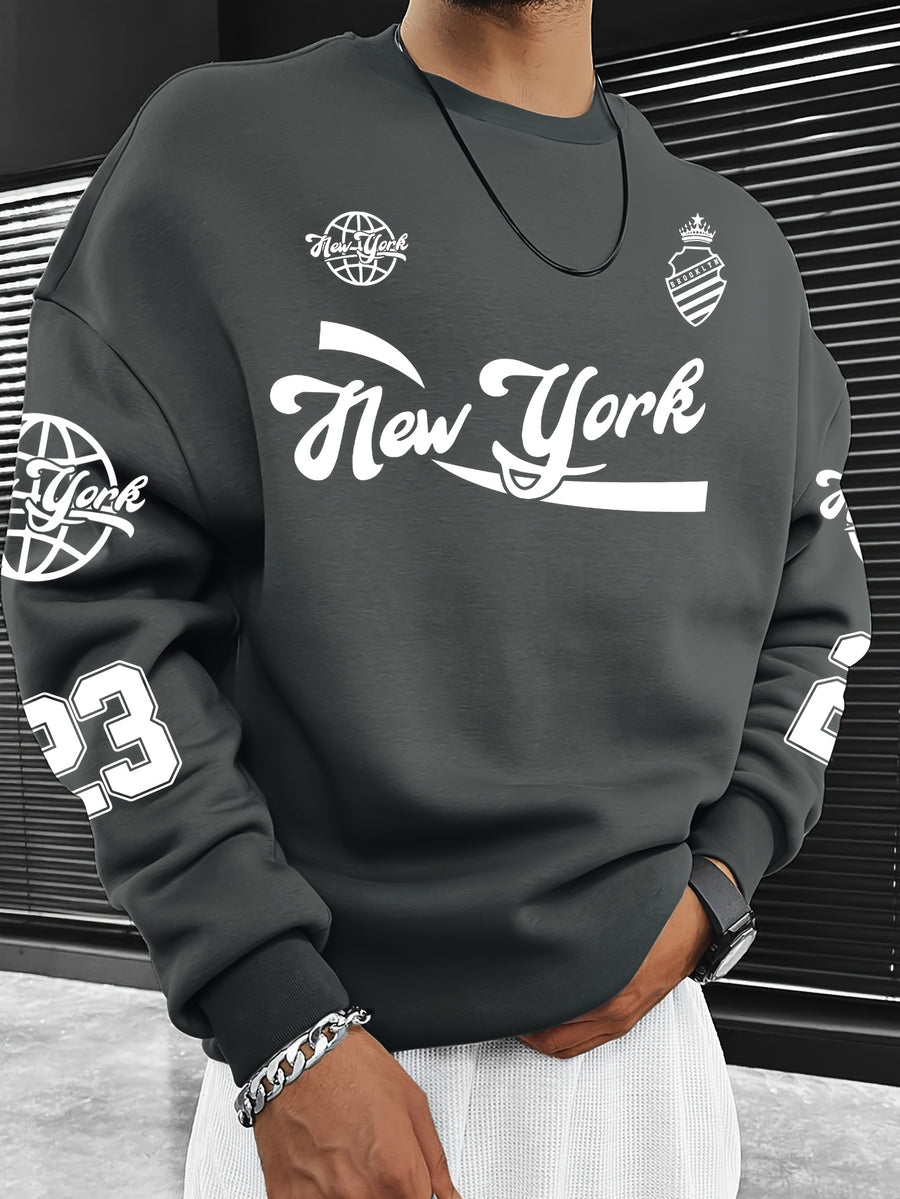 Men's Fashion Casual "Brooklyn Victory" Letter Print Sweatshirt, Polyester Material, Loose Fit, Versatile Men's Sweatshirt - Grey