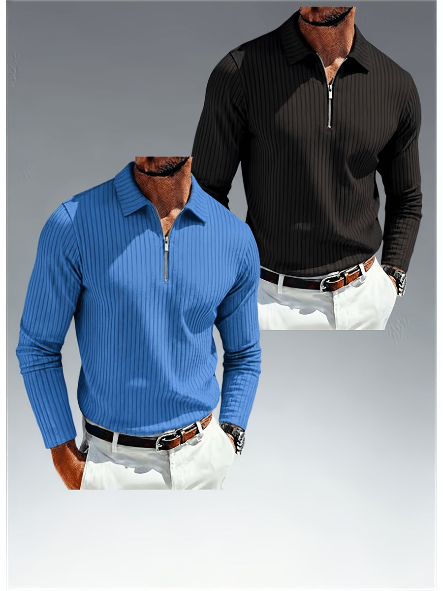 Spring/Autumn Men's Polo Shirt with Zipper and Striped Pattern, Long Sleeve, 2pcs - Blue+Black