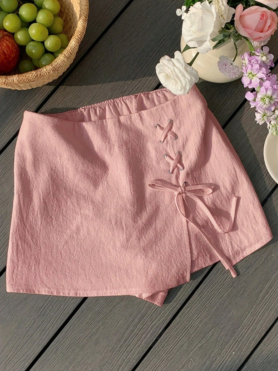 Women's Casual Daily Commuter Simple Solid-color Belted Slit Culottes, Summer Comfortable Breathable Short Skirt Half Skirt - Pink