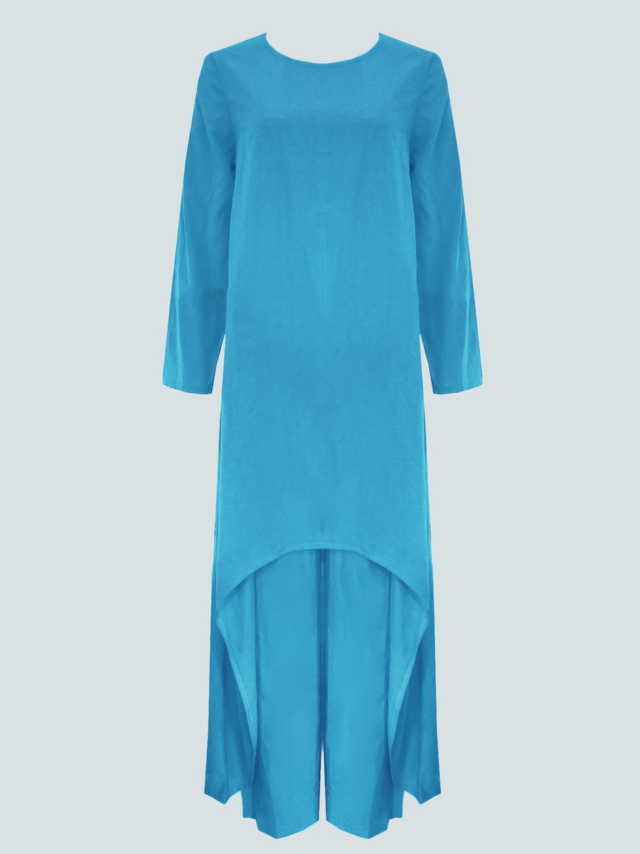 Solid Color Casual Loose 2pcs Set, Women's Three-Quarter Sleeve Irregular Hem Round Neck Long Tunic Paired with Wide-Leg Long Pants, Comfortable Outfit Suitable for Travel, Home, and Outdoor Shopping - Lake Blue