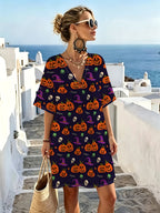 Vintage Halloween-style V-neck Dress Featuring Playful Pumpkin, Wizard Hat, and Skull Pattern Elements. Relaxed Cut with a Loose Fit That Conceals Curves for a Effect. Rich Colors Create a Strong Festive Atmosphere, Making It Suitable for Holiday - Mixed colors