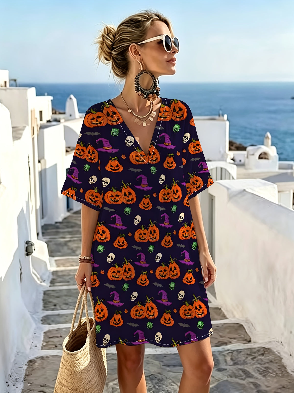 Vintage Halloween-style V-neck Dress Featuring Playful Pumpkin, Wizard Hat, and Skull Pattern Elements. Relaxed Cut with a Loose Fit That Conceals Curves for a Effect. Rich Colors Create a Strong Festive Atmosphere, Making It Suitable for Holiday - Mixed colors