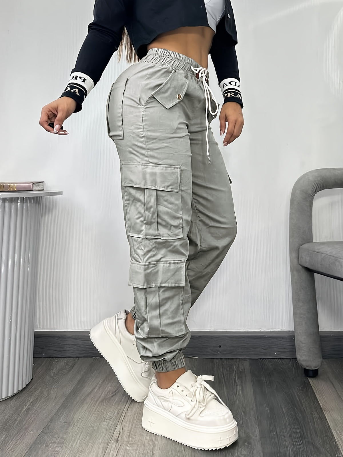 Christmas, Women'S Casual Drawstring Elastic Waist Jogger Pants, Minimalist Design Y2K Street Style Multiple Pockets Spring/Summer - Light Grey