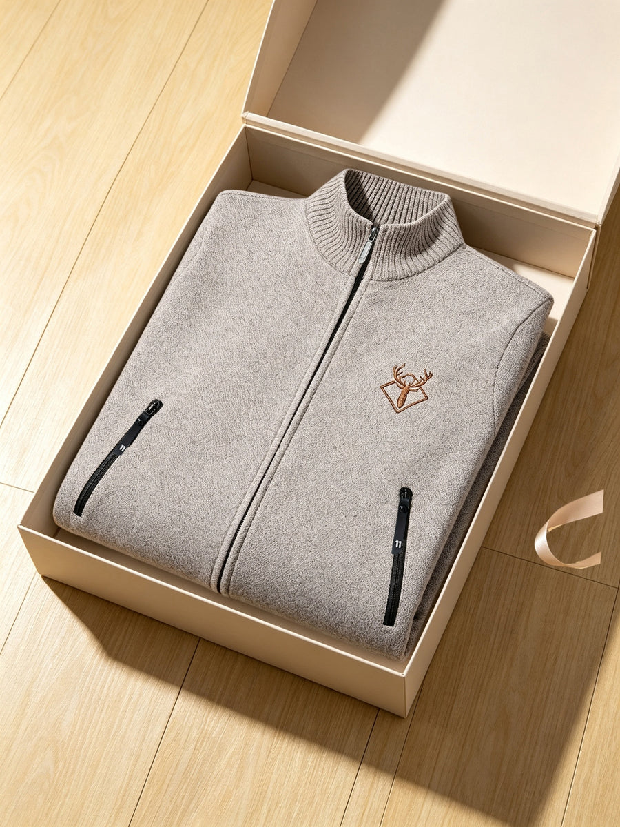 2pcs, Men'S Autumn Winter Knit Cardigan Stand Collar Full Zip, Plush Lining, Long Sleeve Sweater, Fleece Lined And Thickened, with Pockets, Suitable for Casual, Home, Business, Hiking, Outdoor, Fashionable All-Match Autumn Winter Sweater Jacket - Light Beige+Black