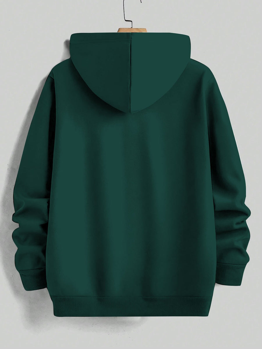 Retro Minimalist Cursive Small Print Men'S Hooded Sweatshirt Kangaroo Pocket Drawstring Hoodie Versatile Trendy Top - Dark Green
