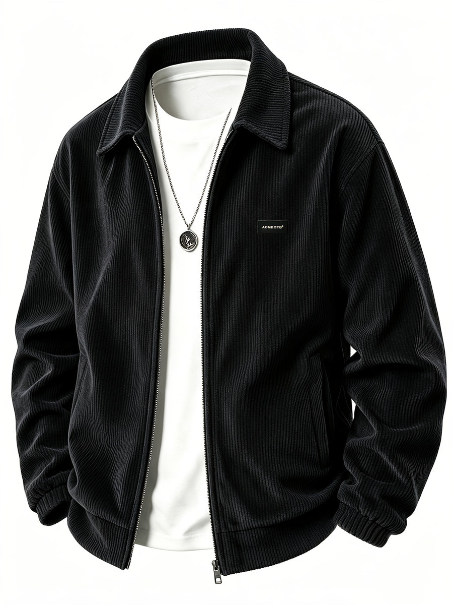 AOMDOTB Men's Corduroy Baseball Jacket - Preppy Collar Zipper Jacket with Chest Label Design & Double-Side Pockets, Solid Color Corduroy Outerwear Suitable for Daily Commuting, School, Back-to-School Outfits (for Teen) - Black