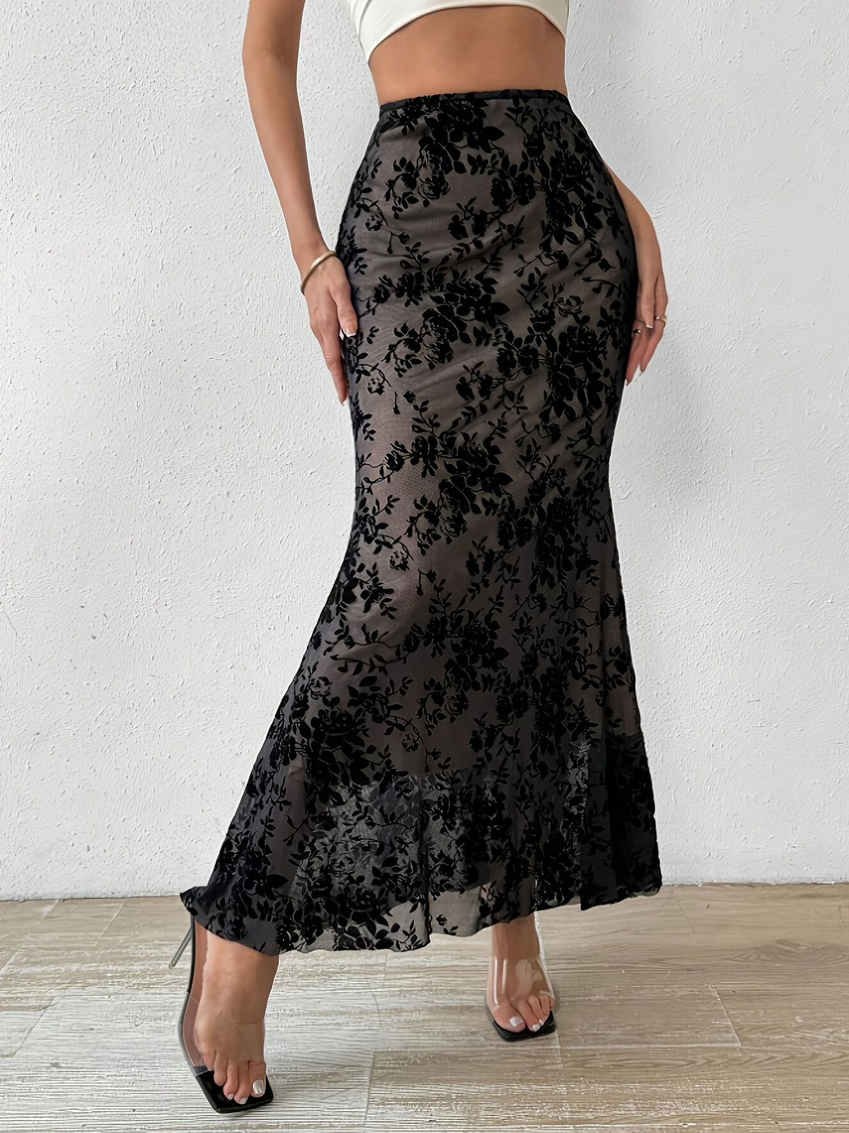 Women'S Elegant Fashion High-Waist Floral Mesh Bodycon Skirt, Nian Nian Dingxiang - Black