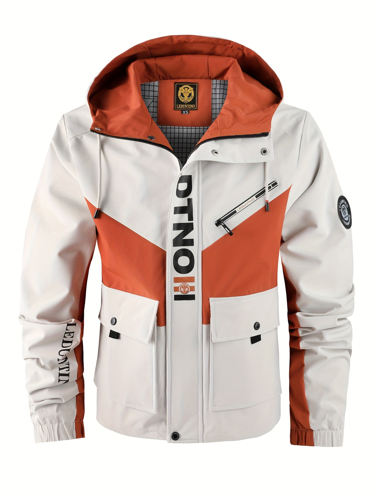 Men's Fashionable Casual Hooded Jacket, Multi Pocket Outdoor Fashion Design, Contrasting Color Design, Double Pocket - Spring and Autumn Casual Outdoor Letter Grid Jacket Thin Jacket - Ivory White