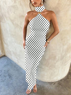 Polka Dot Pattern Elegant and Sexy Metal Buckle Embellished Hollow-out Slim-fit Stretch Knit Dress, Women's Fashionable and Elegant Party Bridesmaid Dress - White And Black