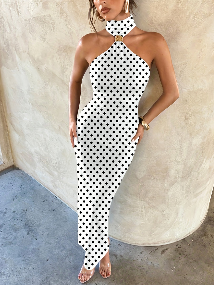 Polka Dot Pattern Elegant and Sexy Metal Buckle Embellished Hollow-out Slim-fit Stretch Knit Dress, Women's Fashionable and Elegant Party Bridesmaid Dress - White And Black