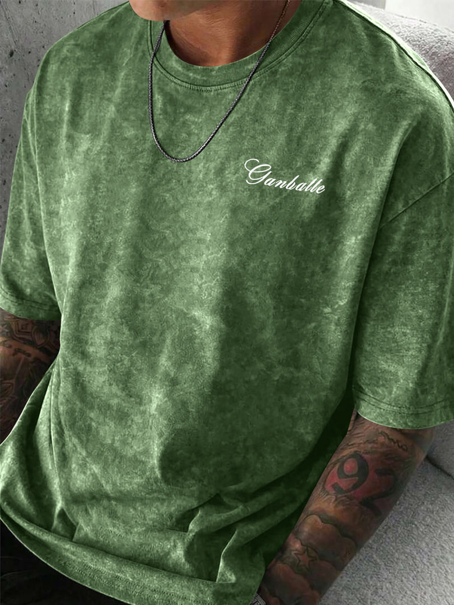 Men's Distressed Short Sleeve T-Shirt - High Street Style Summer Casual Round Neck Tee with Geometric Patterns, Suitable for Layering & Casual Attire, Machine Washable Non- Blouse-Compatible for Brand Retailers - Green