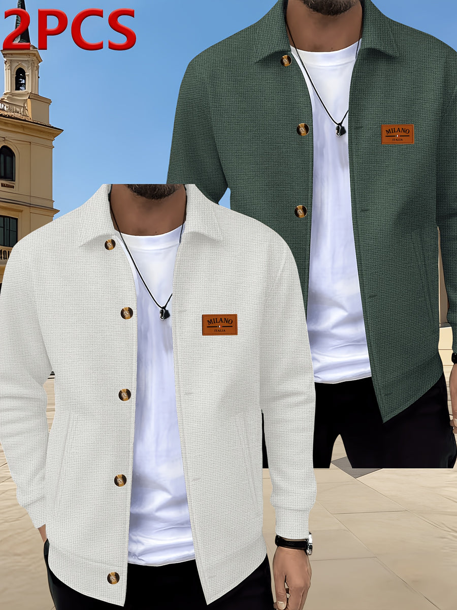 Men's 2pcs Waffle Knit Lapel Jacket, American Light Mature Casual Style, Two-Tone Textured Fabric, Vintage Amber Button Placket, Side Slant Pockets, Versatile Outerwear for Young and Middle-Aged Men for Commuting, Shopping, Outdoor Outings, and Daily - white+army green